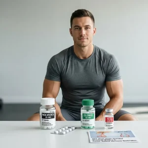 Athlet in Post-Cycle-Phase sitzt vor komplettem PCT Kit mit Nolvadex 20 MG Clomid 50 MG und HCG 5000 IE auf weißem Tisch beim Planen der 4 bis 6 wöchigen HPTA-Erholung nach der Steroid-Kur