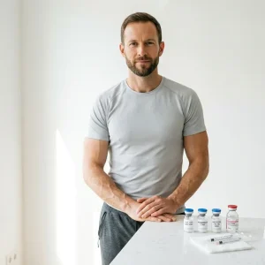 Athletischer Mann sitzt vor drei Peptid Vials CJC-1295 DAC Ipamorelin und HGH Fragment 176-191 mit bakteriostatischem Wasser auf weißem Tisch beim Planen der Peptid Kur für natürliche GH-Stimulation Fettabbau und Regeneration
