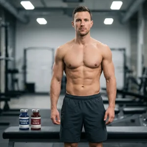 Ästhetischer Bodybuilder mit klassischer Physique steht vor PRIMOBOLAN 100 MG/ML und TEST E 250 MG/ML Fläschchen in realem Größenverhältnis auf Gymbank beim Planen des Primobolan Kur Plans für saubere Definition ohne Wassereinlagerung über 12 Wochen
