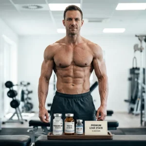 Ästhetischer Fortgeschrittener steht vor PRIMOBOLAN 100 MG/ML und TEST E 250 MG/ML Fläschchen sowie kleinem HGH Vial in realem Größenverhältnis auf Gymbank beim Planen der Primobolan Testosteron HGH Premium Kur für maximale Körperästhetik über 16 Wochen