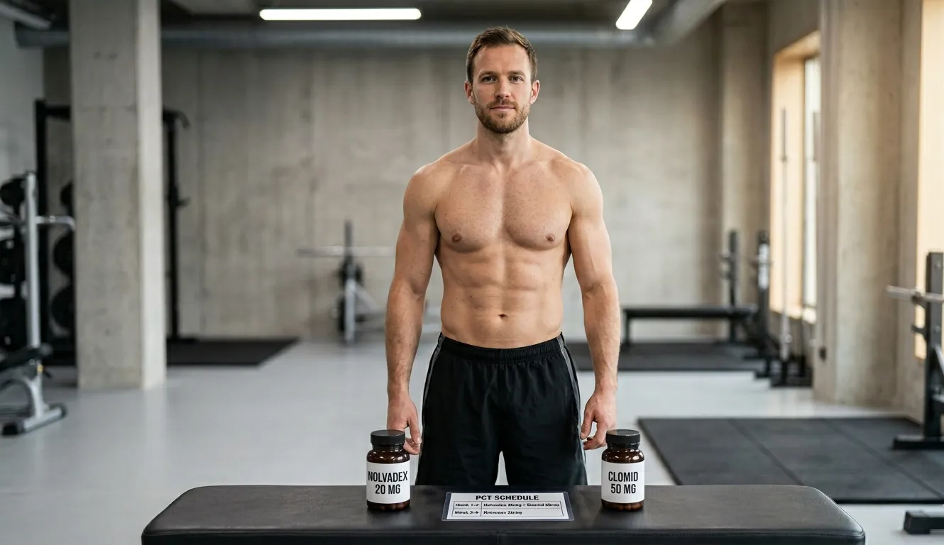 Bodybuilder in Post-Cycle-Recovery-Phase steht vor NOLVADEX 20 MG und CLOMID 50 MG Tablettendosen mit PCT-Wochenplan auf Gymbank beim Planen der SERMs in der PCT für Testosteron-Erholung