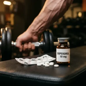 Superdrol 10 mg Tabletten und Fläschchen auf Gymbank neben definiertem vaskulärem Unterarm – Superdrol Kur Plan trockene Masse