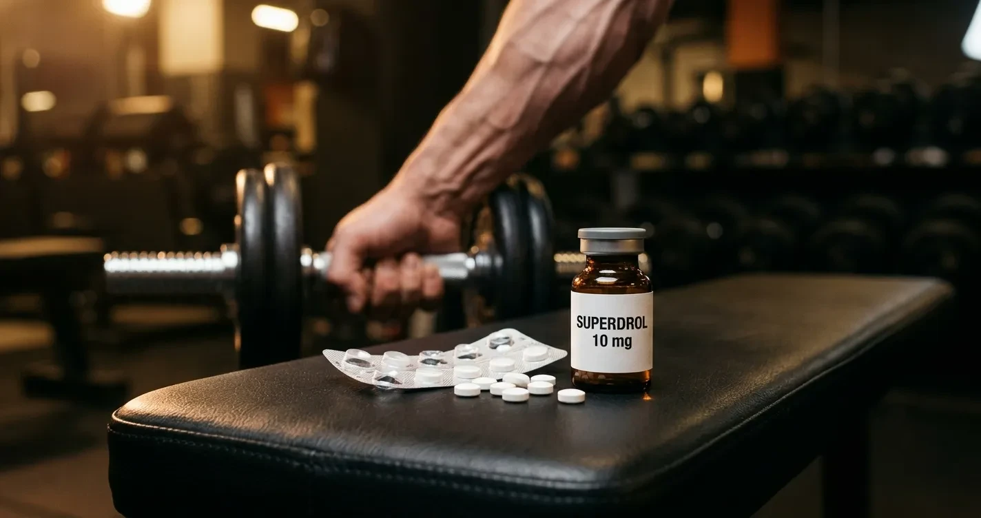 Superdrol Kur Plan – Trockene Masse 1 Superdrol 10 mg Tabletten und Fläschchen auf Gymbank neben definiertem vaskulärem Unterarm – Superdrol Kur Plan trockene Masse