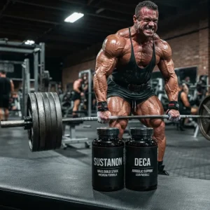 Realistische Aufnahme eines Sustanon und Deca Supplement-Stacks im scharfen Fokus, begleitet von einem klar erkennbaren, massiven Athleten beim Training, der den erfolgreichen Kurplan für Muskelaufbau und Kraft visuell demonstriert.