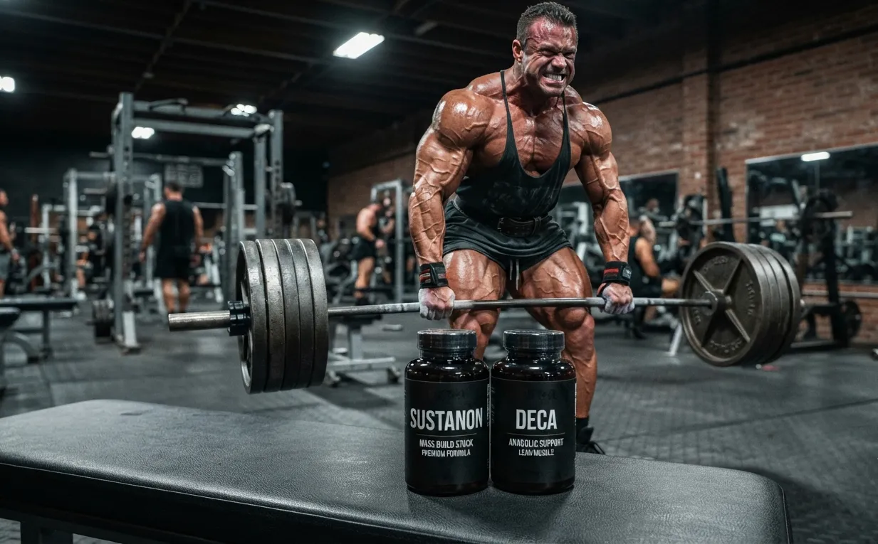 Sustanon Kur Plan – Testosteron-Mix Masseaufbau 1 Realistische Aufnahme eines Sustanon und Deca Supplement-Stacks im scharfen Fokus, begleitet von einem klar erkennbaren, massiven Athleten beim Training, der den erfolgreichen Kurplan für Muskelaufbau und Kraft visuell demonstriert.