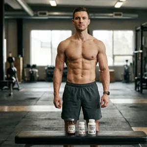 Definierter Bodybuilder steht vor TEST E 250 MG/ML Fläschchen und ANAVAR 10 MG Tablettenbehälter sowie TUDCA in realem Größenverhältnis auf Gymbank beim Planen der Testosteron Anavar Definition Kur für 3 bis 5 kg Fettabbau bei vollständigem Muskelerhalt über 10 Wochen
