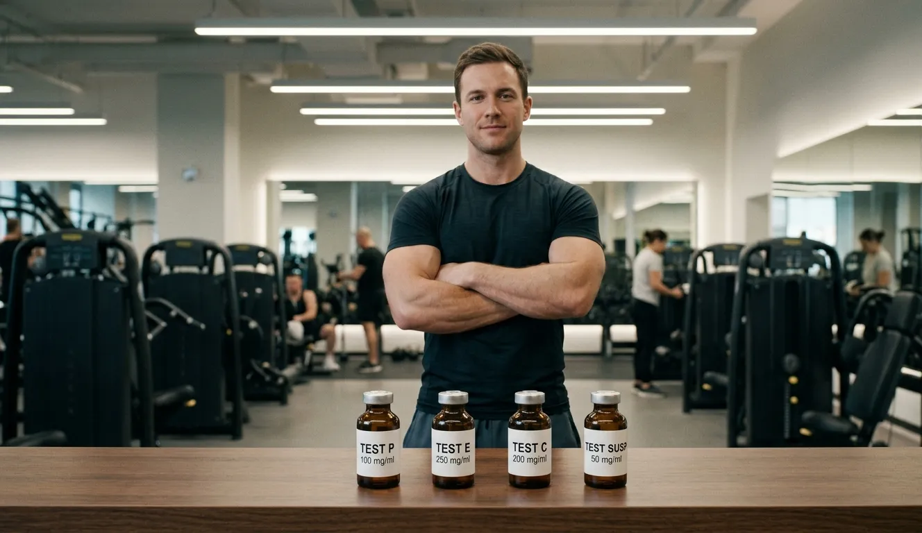 Bodybuilder zeigt vier Testosteron-Ester-Fläschchen (Propionat, Enanthat, Cypionat, Suspension) im Fitnessstudio