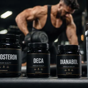 Realistische Aufnahme eines Bodybuilding-Supplement-Stacks (Testosteron, Deca, Dianabol) auf einer Trainingsbank, die den fortgeschrittenen Masseaufbau-Kurplan visuell veranschaulicht.