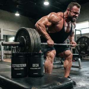 Realistische Aufnahme eines Testosteron und Deca Supplement-Stacks im scharfen Fokus, begleitet von einem klar erkennbaren, massiven Athleten beim schweren Krafttraining, der den klassischen Kurplan für maximalen Muskelaufbau und Kraft visuell demonstriert.