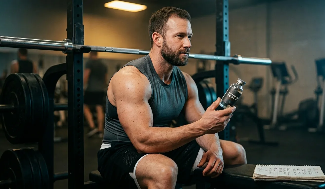 Definierter Bodybuilder steht vor TEST P 100 MG Fläschchen mit Propionat Halbwertszeit 2 bis 3 Tage EOD-Injektionskarte auf Gymbank und zeigt Testosteron Propionat Wirkung durch schnellen Wirkbeginn innerhalb von 24 Stunden