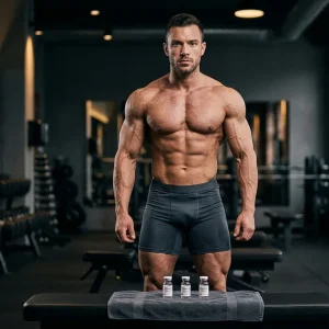 Contest-ready Bodybuilder mit extremer Muskeldefinition und Striationen steht vor TEST P TREN A und MAST P 100 MG/ML Fläschchen in realem Größenverhältnis auf Gymbank beim Planen der Testosteron Trenbolon Masteron Kur für maximale Wettkampf-Definition