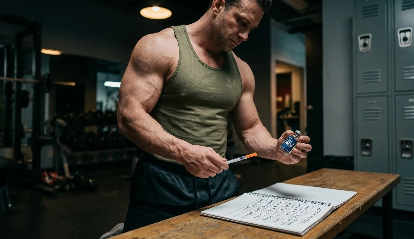 Bodybuilder hält TEST U Fläschchen und Spritze mit sichtbarem 16-Wochen-Zyklusplan beim Vorbereiten der Testosteron Undecanoat Dosierung im Gym