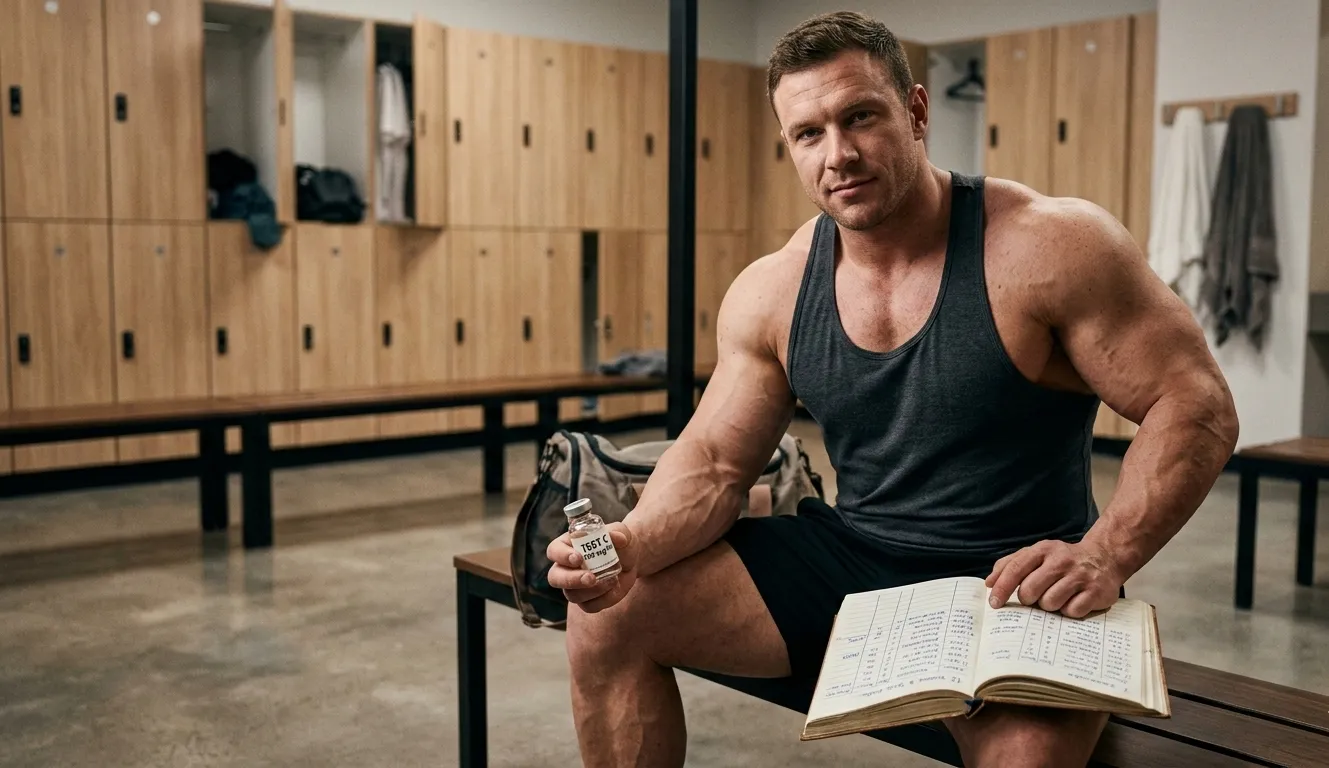 Bodybuilder hält Testosteroncypionat-Fläschchen und Zyklusplan im Gym und plant 12-Wochen-Kur