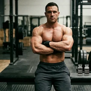 Muskulöser Bodybuilder mit verschränkten Armen steht vor TREN A und TEST P 100 MG/ML Fläschchen sowie Spritze in realem Größenverhältnis auf Gymbank beim Planen des Trenbolon Testosteron Stacks für trockene Muskelmasse und Fettabbau gleichzeitig