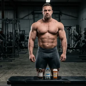 Massiver Profi-Bodybuilder steht vor TREN A 100 MG/ML und TEST P 100 MG/ML Fläschchen sowie ANADROL 50 MG Tablettenbehälter in realem Größenverhältnis auf Gymbank beim Planen der Trenbolon Testosteron Anadrol Kur für extreme Masse bis 14 kg in 10 Wochen