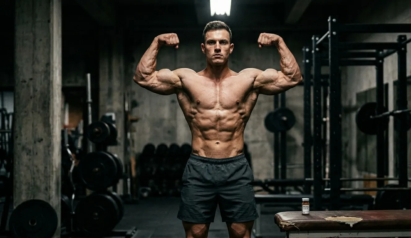 Extremely muskulöser Bodybuilder zeigt Front Double Bicep Pose mit hartem trockenem Rekompositions-Physique neben TREN A 100 MG/ML Fläschchen in realem Größenverhältnis auf Gymbank als Ergebnis der Trenbolon Wirkung mit 500:500 anabolem androgenen Ratio