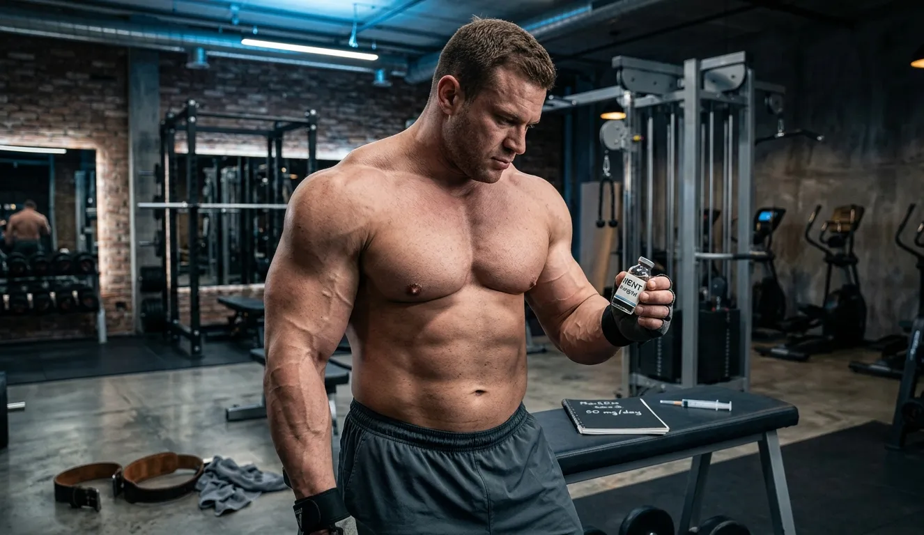 Muskulöser Bodybuilder hält Trestolon-MENT-Fläschchen und analysiert Dosierung im Gym