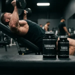 Realistische Aufnahme eines Turinabol und TUDCA Supplement-Stacks auf einer Trainingsbank, der den Kurplan für trockenen, wasserfreien Muskelaufbau und notwendigen Leberschutz visuell veranschaulicht.