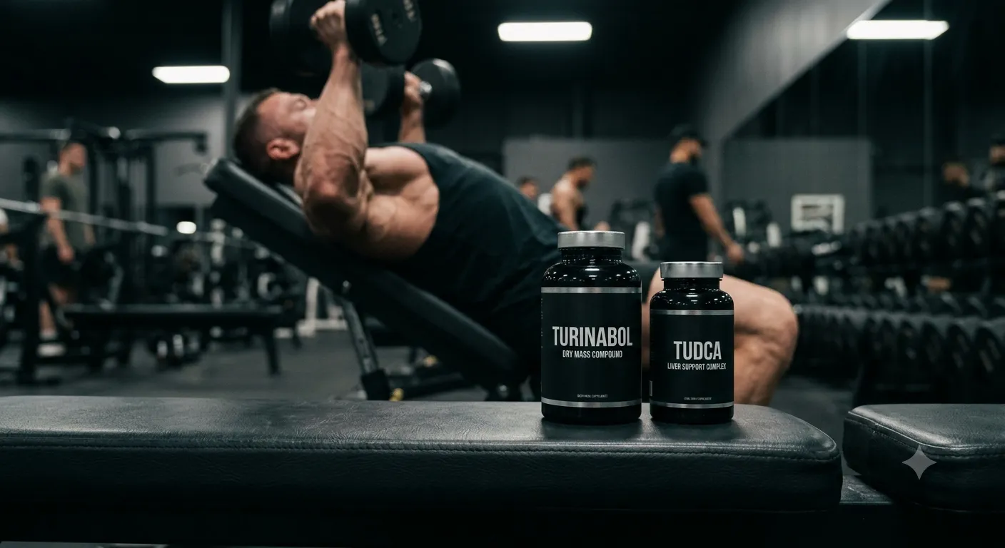 Turinabol Kur Plan – Trockener Muskelaufbau 1 Realistische Aufnahme eines Turinabol und TUDCA Supplement-Stacks auf einer Trainingsbank, der den Kurplan für trockenen, wasserfreien Muskelaufbau und notwendigen Leberschutz visuell veranschaulicht.