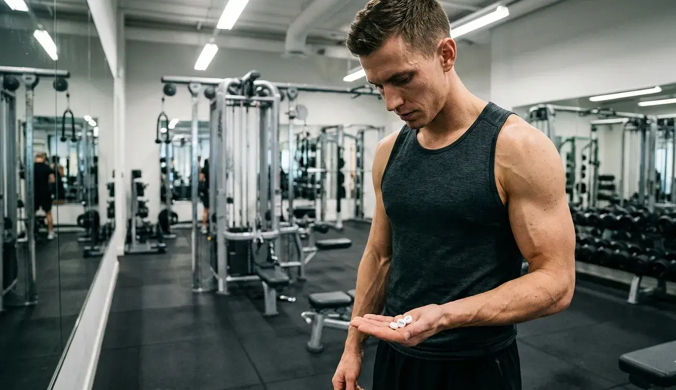 Bodybuilder hält Turinabol-Tabletten in der Hand und zeigt trockene Muskeldefinition im Gym