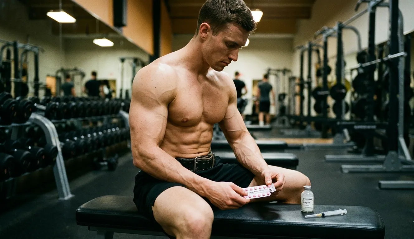 Definierter Bodybuilder hält orales Winstrol und injizierbares Stanozolol-Fläschchen im Fitnessstudio