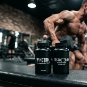 Realistische Aufnahme eines Winstrol und Testosteron Supplement-Stacks auf einer Trainingsbank, der den Kurplan für extreme Muskelhärte, Trockenheit und muskuläre Definition visuell veranschaulicht.