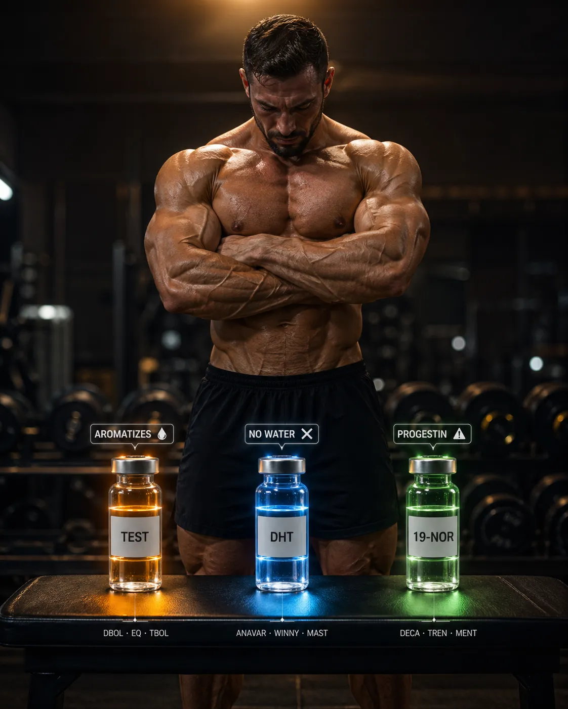 Muskulöser Bodybuilder im Gym vergleicht drei Steroidklassen – TEST-, DHT- und 19-Nor-Ampullen mit Aromatisierung, Wassereinlagerung und Progestogen-Wirkung
