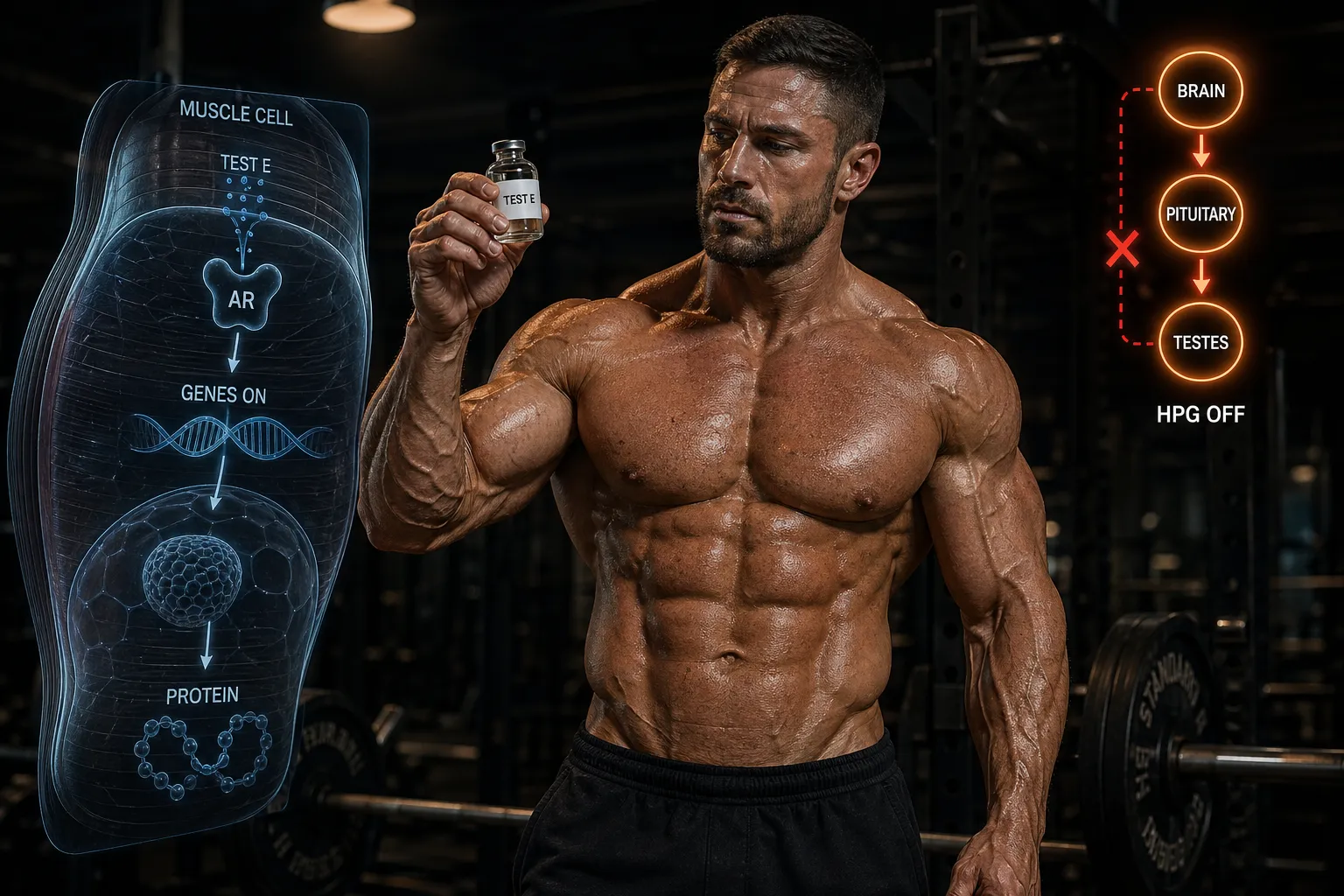 Muskulöser Bodybuilder hält TEST-E-Ampulle im Gym und zeigt Wirkmechanismus anaboler Steroide mit Androgenrezeptor-Bindung und HPG-Achse-Suppression