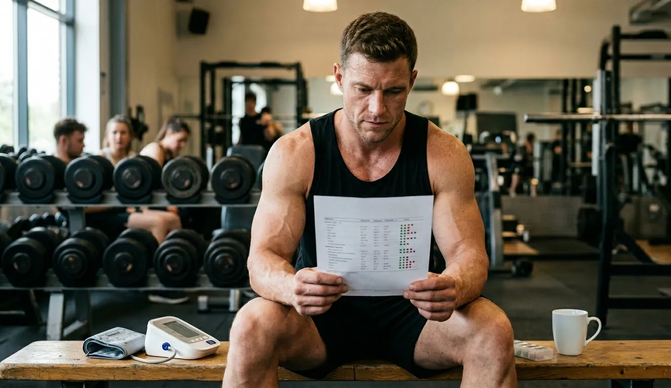 Muskulöser Bodybuilder sitzt auf einer Hantelbank im Gym und liest einen Laborbericht mit Blutwerten neben einem Blutdruckmessgerät zur Kontrolle seiner Steroid-Kur und der 12 zentralen Blutwerte