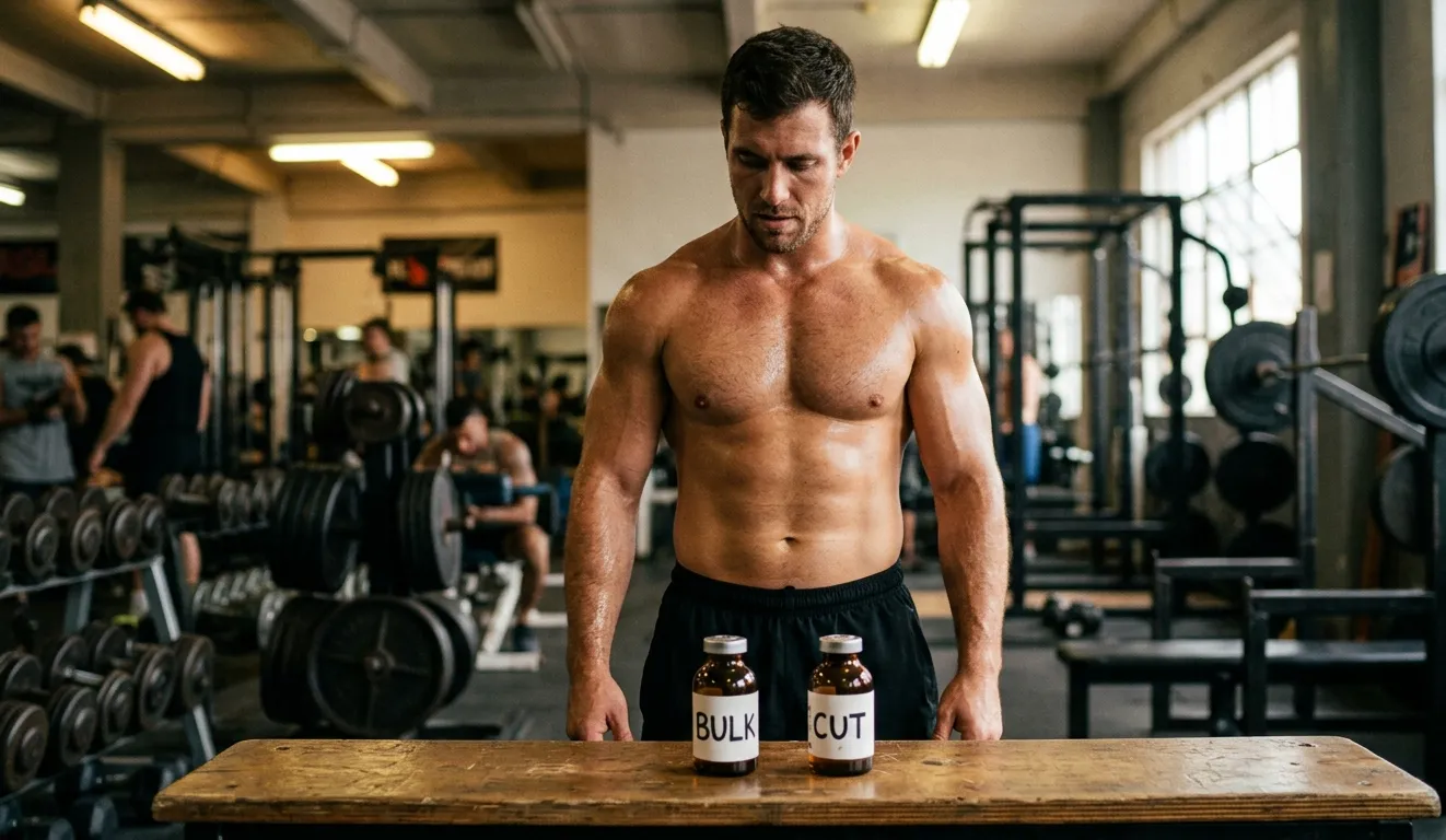 Muskulöser Bodybuilder steht im Gym vor zwei Steroid-Ampullen für Bulking und Cutting auf einer Hantelbank und entscheidet zwischen Masseaufbau-Compounds und Definitionsphase-Compounds