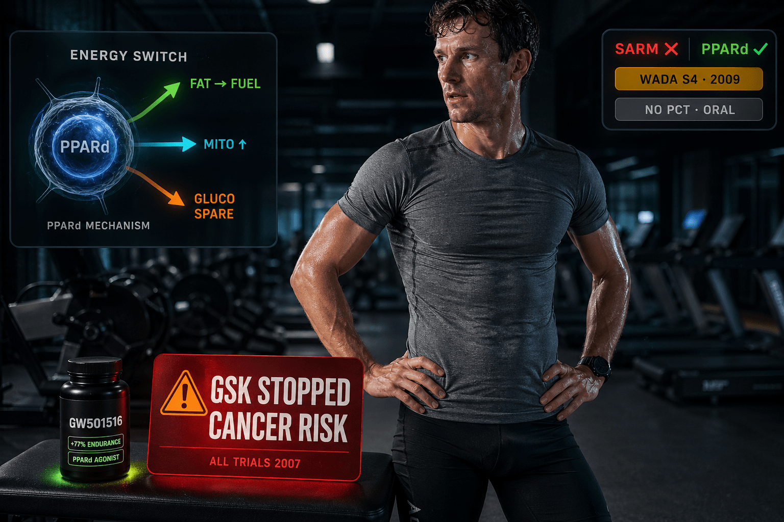 Cardarine GW501516: PPARδ-Mechanismus, Fettsäureoxidation und GSK-Karzinogenitätsdaten 13 Ausdauerathlet im Cardio-Gym mit GW501516-Flakon und GSK-Krebsrisiko-Warnkarte – Cardarine PPARδ-Agonist kein SARM mit Fettsäureoxidation, Mitochondrienbiogenese und WADA-S4-Verbot