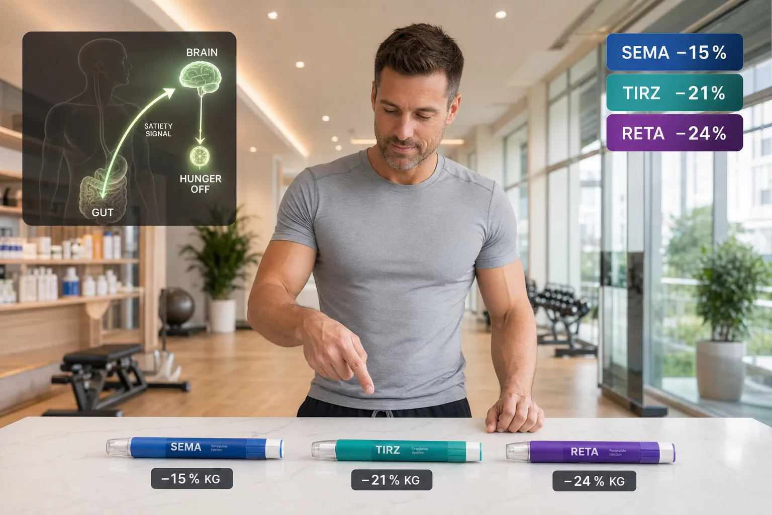 GLP-1-Agonisten im Vergleich: Semaglutid, Tirzepatid und Retatrutid erklärt 7 Athletischer Mann im Wellness-Gym vergleicht drei GLP-1-Pens – Semaglutid, Tirzepatid und Retatrutid mit Gewichtsverlust von 15, 21 und 24 Prozent und Sättigungssignal-Infografik