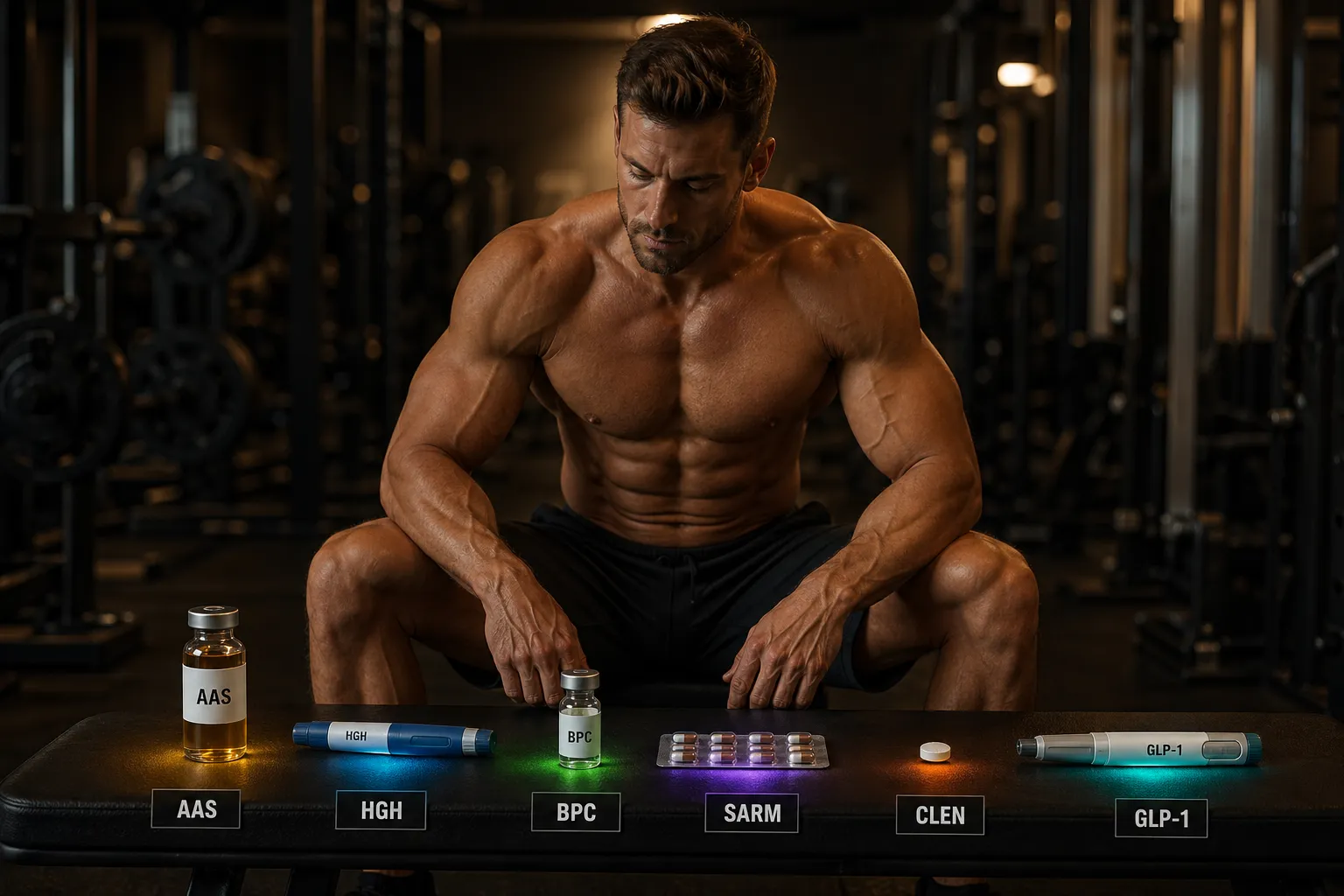 PEDs im Überblick: Anabole Steroide, Peptide, SARMs und GLP-1-Agonisten 17 Muskulöser Athlet im Gym betrachtet sechs PED-Kategorien: AAS, HGH, Peptide, SARMs, Clen und GLP-1 als leistungssteigernde Substanzen im Überblick