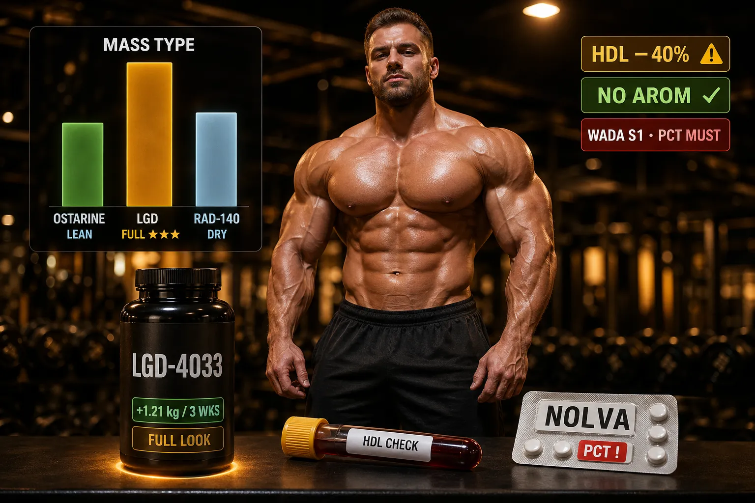 LGD-4033 Massen-SARM: AR-Bindungsmechanismus, Basaria-Studiendaten und Lipidprofil-Monitoring 9 Voluminöser Bodybuilder im Off-Season-Gym mit LGD-4033-Flakon, HDL-Bluttest und Tamoxifen-PCT – Ligandrol Massen-SARM mit 1,21 kg LBM Basaria-Studie, HDL-Warnung und Muskelfülle