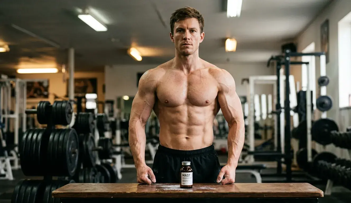 Shredded Bodybuilder mit harten, trockenen Muskeln und sichtbaren Adern steht hinter einer Masteron-Ampulle auf einer Hantelbank im Gym und demonstriert die Drostanolon-Wirkung bei niedrigem Körperfettanteil