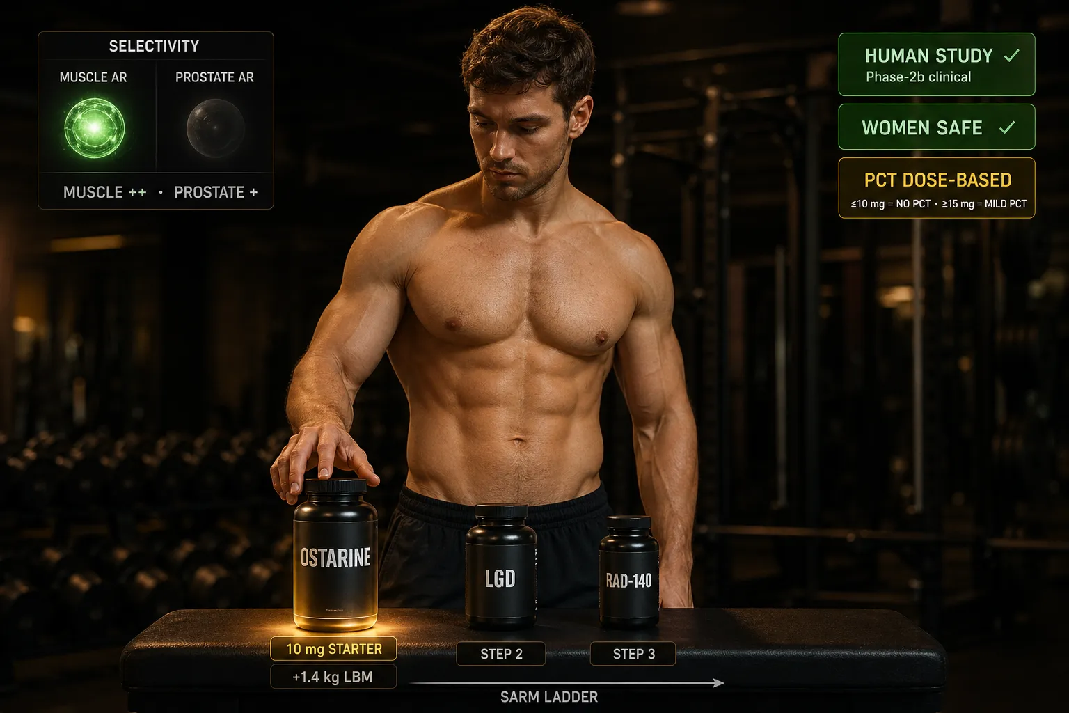 Ostarine Einsteiger-SARM: klinische Evidenz, Recomp-Wirkung und dosisabhängige PCT-Pflicht 11 Athletischer Einsteiger im Gym mit Ostarine-, LGD- und RAD-140-Flakons als SARM-Leiter – MK-2866 Humanstudie mit 1,4 kg LBM, Androgenrezeptor-Selektivität und dosisabhängiger PCT