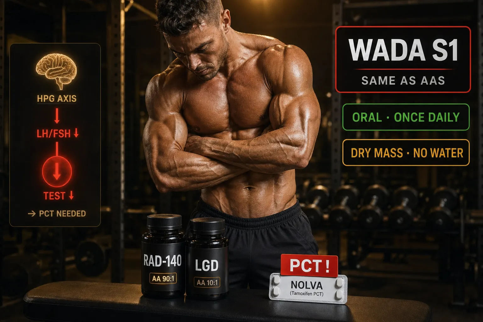 RAD-140 SARM: Androgenrezeptor-Selektivität, LGD-4033-Vergleich und PCT-Protokoll 1 Definierter Athlet im Gym mit RAD-140- und LGD-Flakon sowie Tamoxifen-PCT – SARM-Androgenrezeptor-Selektivität mit AA-Ratio 90:1, HPG-Suppression und PCT-Pflicht nach Zyklus