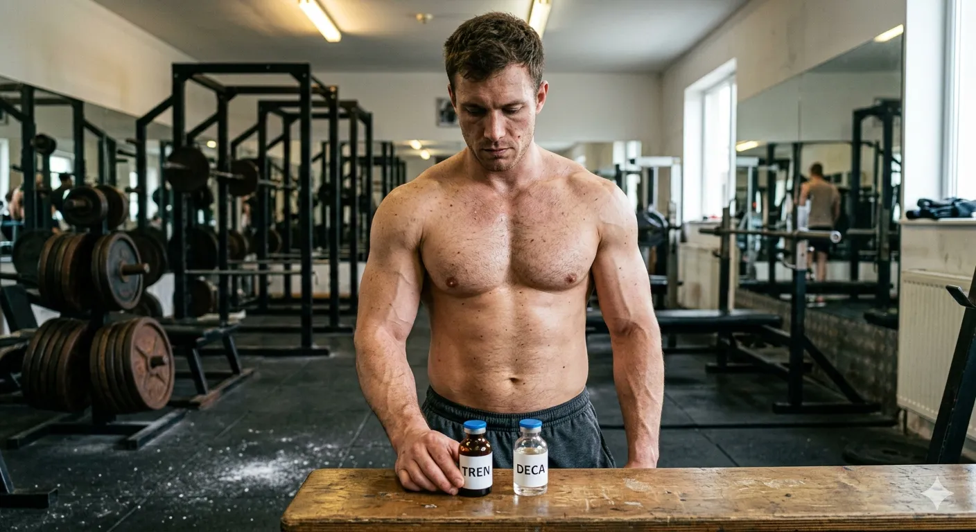 Muskulöser Bodybuilder betrachtet eine Trenbolon-Ampulle und eine Deca-Durabolin-Ampulle auf einer Hantelbank im Gym beim 19-Nor-Steroid-Vergleich