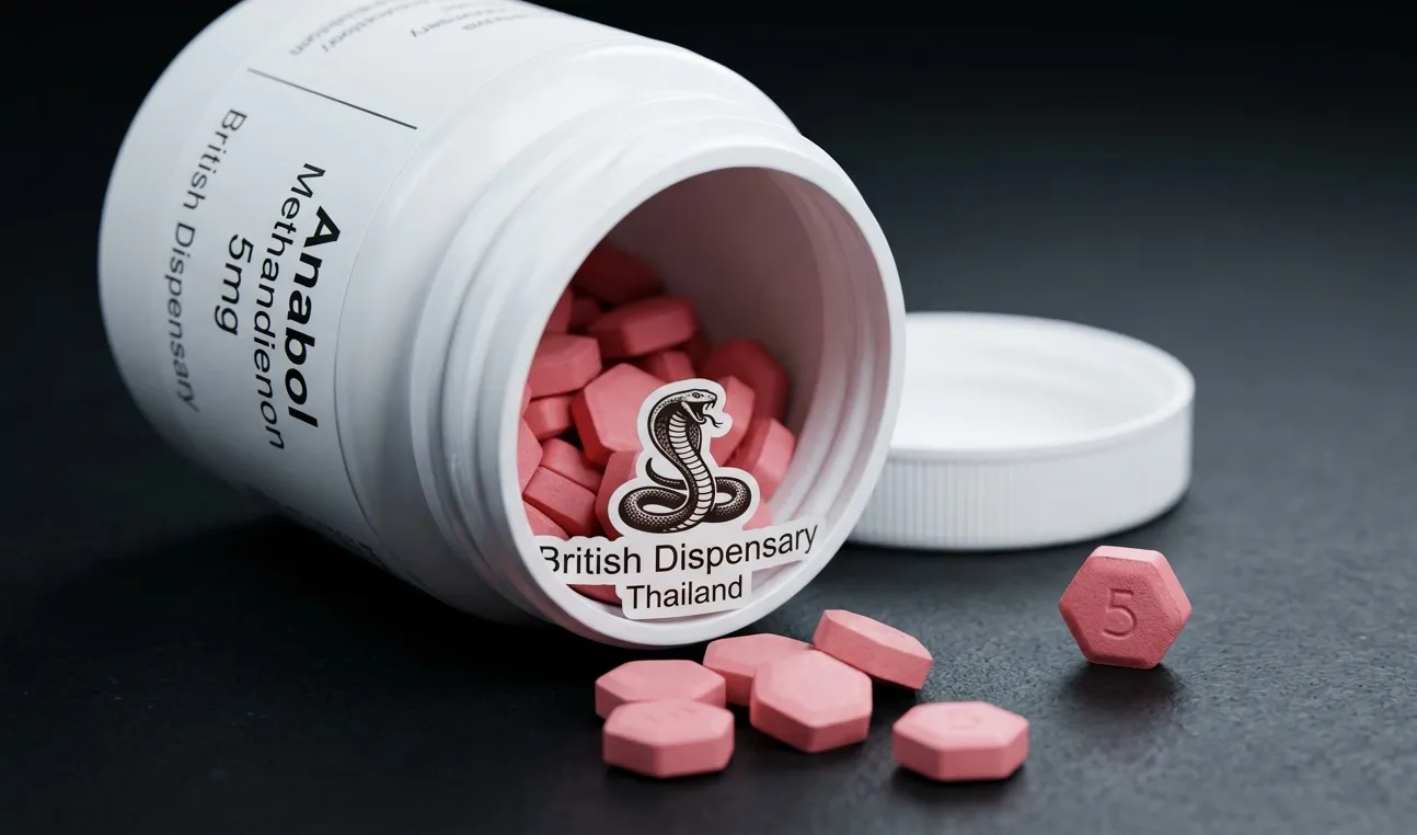 Anabol von British Dispensary: Methandienon-Gehalt, Wirkprofil und Echtheitsprüfung 11 Anabol-British-Dispensary-1000er-Dose mit Schlangen-Logo-Etikett und pinken sechseckigen Methandienon-5mg-Tabletten im Vordergrund sowie Einzeltablette im Extremmakro mit hexagonaler Prägung – Echtheitsprüfung am Schlangen-Logo: pinke Hexagonalform 5mg British Dispensary Bangkok, identischer Methandienon-Wirkstoff wie Danabol DS und Dianabol, Fälschungsmerkmale verschwommenes Logo und unregelmäßige Form