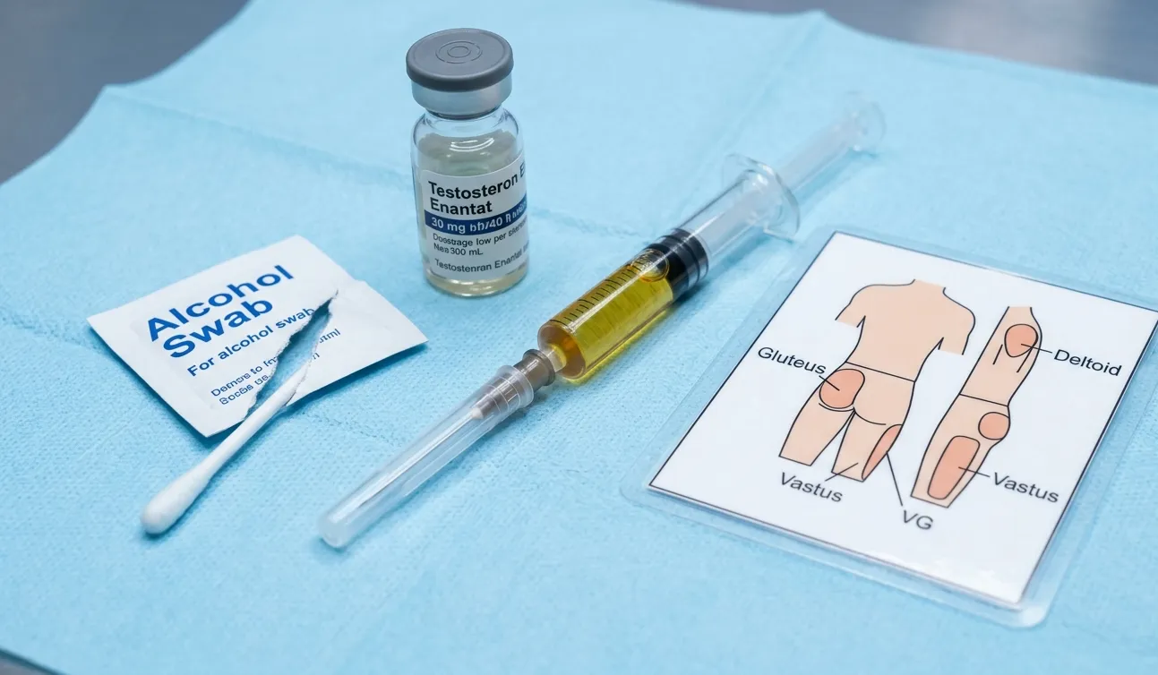 Anabolika spritzen — Anleitung: wohin, wie oft und wie tief 19 Sterile Injektions-Vorbereitungssetup auf blauer Medizinunterlage: geladene Spritze mit 23G-Injektionsnadel und goldenem Öl im Barrel neben Testosteron-Enantat-Vial und Alkoholtupfer mit 4-Zonen-Injektionsstellen-Übersichtskarte Gluteus-medius, Vastus-lateralis, Deltoideus und ventroglutealer-Punkt-von-Hochstetter – intramuskuläre i.m.-Anleitung 90°-Winkel, Maximalvolumina 2–5 ml je Stelle, Aspirations-Evidenz und Ester-Frequenz-Matrix