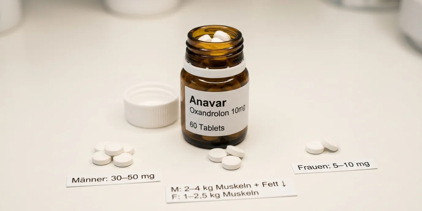 Anavar (Oxandrolon) vorher/nachher: realistische Ergebnisse 1 Anavar-Oxandrolon-10mg-Tablettenflasche mit kleinen weißen Rundtabletten in geschlechtsspezifischem Dosierungs-Doppel-Layout – links Männer-Dosierung 30–50mg und rechts Frauen-Dosierung 5–10mg – mit Ergebnisvergleichskarte Männer 2–4-kg-Muskelmasse-plus-2–4-kg-Fettverlust und Frauen 1–2,5-kg-Magermasse ohne Virilisierungsrisiko – DHT-Derivat Cutting-Steroid A-A-Ratio-322-zu-24 ohne Wassereinlagerungen