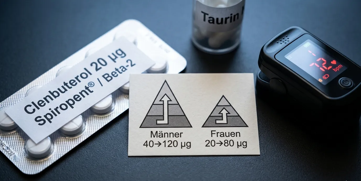 Spiropent-Clenbuterol-20µg-Blisterpack mit µg-Etikett neben geschlechtsspezifischer Doppel-Pyramidendosierungskarte (Männer 40-auf-120µg und Frauen 20-auf-80µg) und digitalem Pulsmessgerät mit Taurin-Kapseln im Hintergrund – Beta-2-Sympathomimetikum Pyramiden-Steigerung in 20-µg-Schritten mit Nebenwirkungs-Monitoring und Puls-Sicherheitsobergrenze
