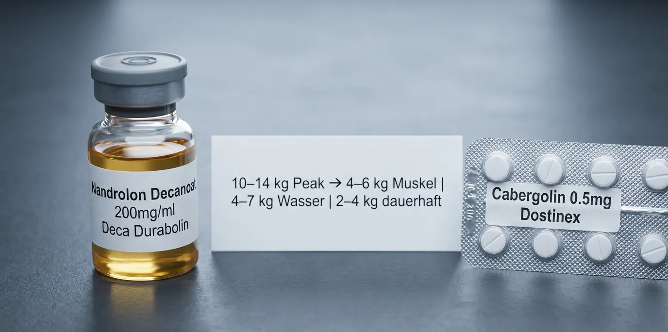 Was Deca Durabolin realistisch liefert: echter Muskelaufbau, Wassereinlagerung und PCT-Retention 13 Deca-Durabolin-Nandrolon-Decanoat-200mg-Vial neben Cabergolin-0,5mg-Blisterpack und Ergebnis-Zerlegungskarte 10–14-kg-Peak zu 4–6-kg-Muskelmasse plus 4–7-kg-Deca-Bloat-Wassereinlagerung plus 2–4-kg-Dauerretention – 14-Wochen-Vorher-Nachher-Realität: Deca-Dick-Prolaktin-Risiko und Cabergolin-PCT-Bilanz mit Gelenk-Vorteil durch Nandrolon-Synovialflüssigkeit