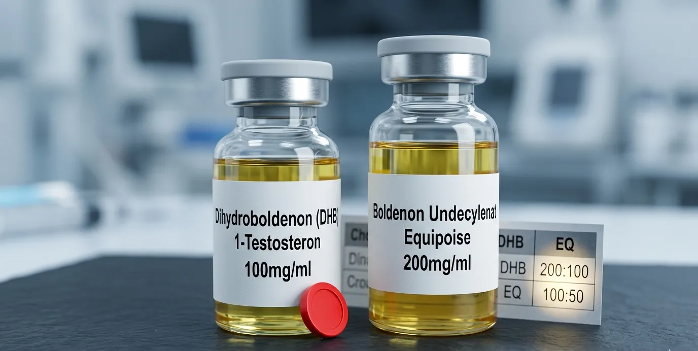 Dihydroboldenon Wirkung: Wirkprofil, Leberlast und Boldenon 3 Dihydroboldenon-DHB-1-Testosteron-100mg-Cypionat-Vial mit rotem PIP-Warnsignal neben Boldenon-Equipoise-200mg-Vial und Ratio-Vergleichskarte 200:100 vs 100:50 auf dunkler Laborfläche – 5α-reduziertes Boldenon-Derivat mit doppelt anaboler Potenz, kein Östrogen, trockene Magermasse ohne Wassereinlagerungen und untypische injectable Leberbelastung