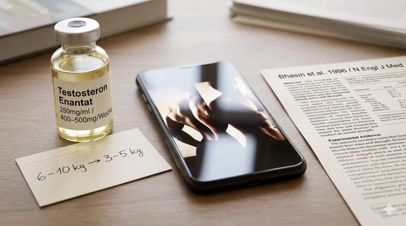 Erste Steroid-Kur vorher/nachher: was realistisch ist 17 Testosteron-Enantat-250mg-Vial neben Smartphone mit Instagram-Transformations-Aesthetic und ausgedrucktem Bhasin-1996-NEJM-Studienabstract mit 6-bis-10-kg-auf-3-bis-5-kg-Ergebniskarte – erste Steroid-Kur realistische Erwartungen: 5-Bildtricks-Debunking (Lighting, Posing, Pump, Glykogen, Dehydration) versus klinisch fundierte Bhasin-Evidenz und PCT-Tamoxifen-Plan