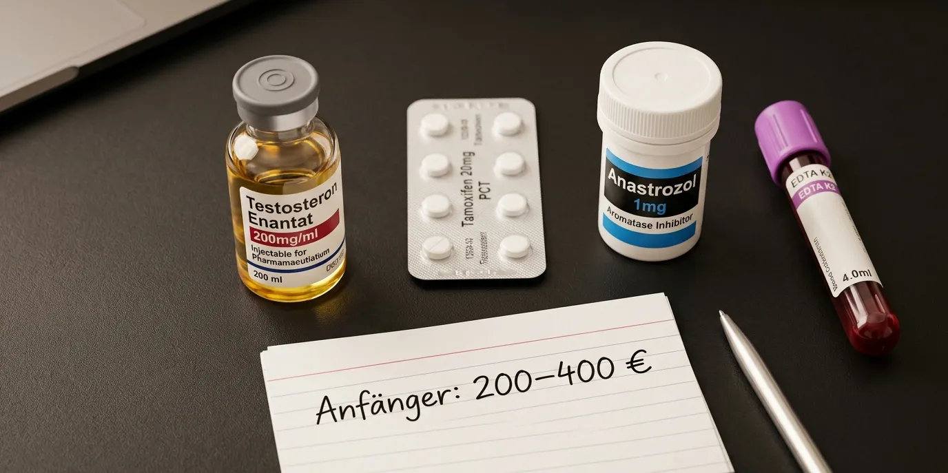 Was eine Steroid-Kur wirklich kostet: Compound-Preise, PCT-Aufwand und versteckte Posten 15 Steroid-Kur-Budget-Kit: Testosteron-Enantat-Vial, Tamoxifen-PCT-Blisterpack, Anastrozol-1mg-Aromatasehemmer und Blutabnahme-Vacutainer mit handgeschriebener Budgetkarte 200–400-Euro-Anfänger-Kosten und Stift – vollständige Steroid-Kur-Kostenrechnung vier Tiers von Erstkur 200–400€ bis Profi-HGH-Wettkampfvorbereitung 6.000–8.000€, Effizienz-Metrik Kosten pro kg dauerhafter Muskelmasse
