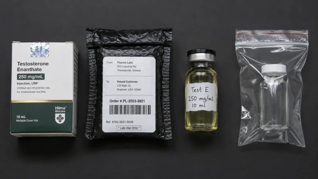 Vier Steroid-Bezugsquellen im Risikovergleich von links nach rechts: Apotheke mit originalversiegelter Pharmapackung, seriöser Online-Shop mit diskretem Versandpaket, Underground Lab mit handgemachtem Vial-Etikett und anonymer Privatverkauf ohne Kennzeichnung