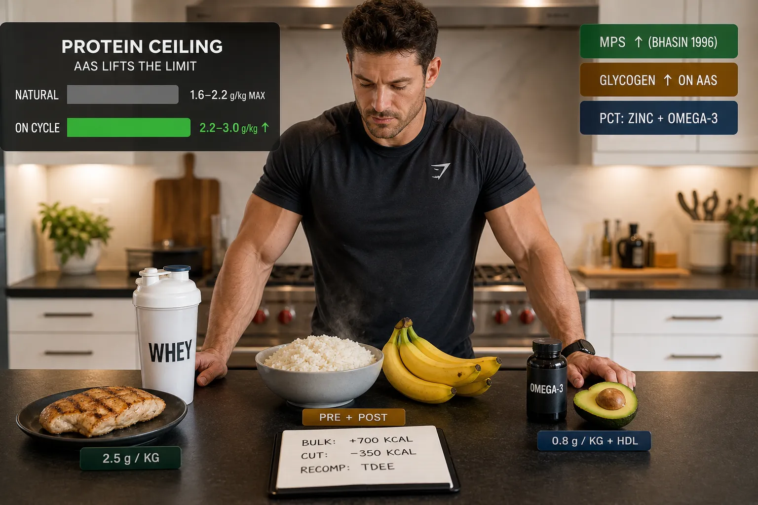 Steroidkur Ernährung: Makros, Glykogeneffekte und PCT-Phase nutritiv begleiten 3 Muskulöser Athlet in moderner Küche mit Mahlzeit-Prep aus Hähnchen, Reis, Whey-Protein und Omega-3 – Steroidkur Ernährung mit Protein-Ceiling-Vergleich, Kalorienüberschuss und PCT-Nährstoffen
