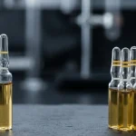 Einzelne Testosteron-Enantat-Glasampulle links neben vier gruppierten Sustanon-250-Komponenten-Ampullen rechts – Vergleich von Einzelester-Pharmakokinetik und 4-Ester-Blend-Kinetik für E2-Management-Komplexität und Anfänger- versus TRT-Entscheidung