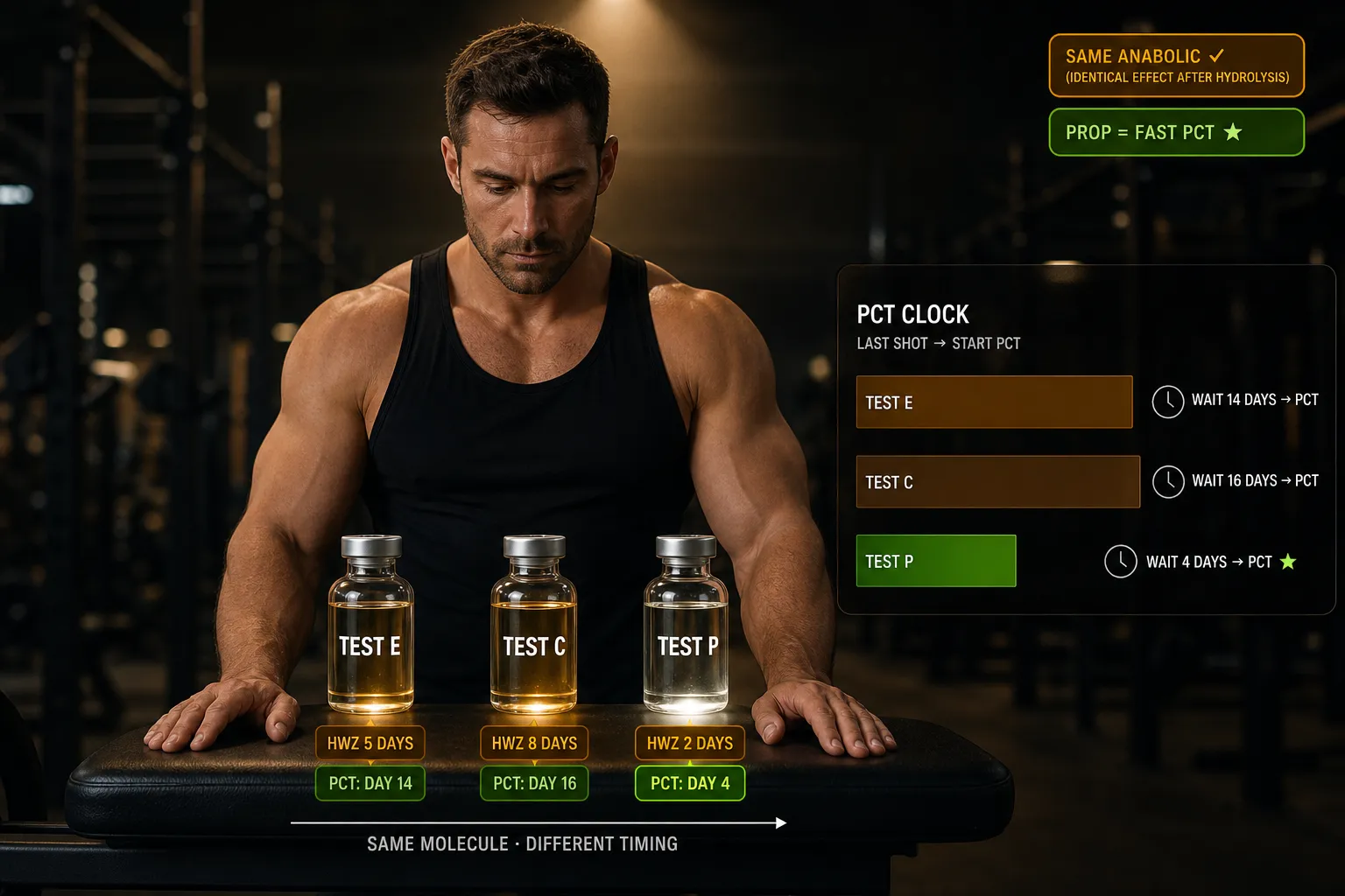 Testosteron-Ester Vergleich: Halbwertszeit, Injektionsfrequenz und PCT-Startzeitpunkt 5 Muskulöser Athlet im Gym vergleicht drei Testosteron-Vials – TEST E, TEST C und TEST P mit Halbwertszeit-Badges und PCT-Countdown-Diagramm für Enantat, Cypionat und Propionat